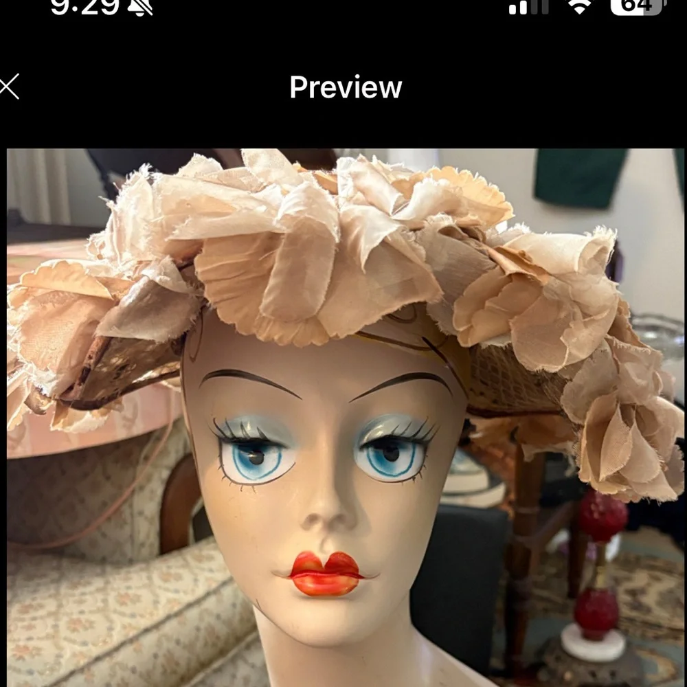 Vintage floral large brimTan Hat with trim (see pictures) - Picture 2 of 11